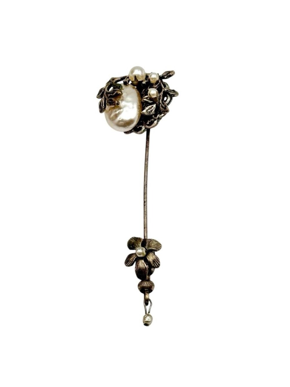 MIRIAM HASKELL vintage signed stick pin antique brass faux baroque pearl flowers
